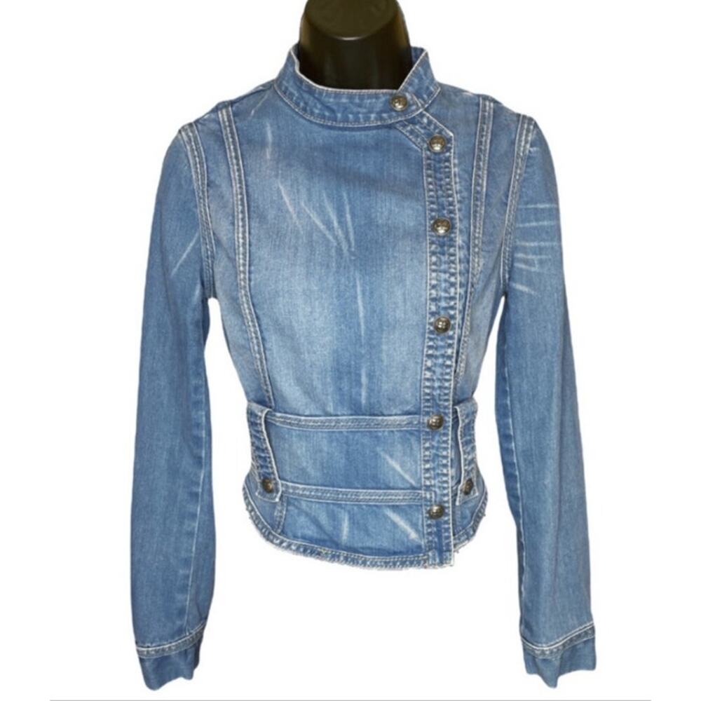 BCBGMaxAzria Denim Moto Military Style Snap Jacket - S